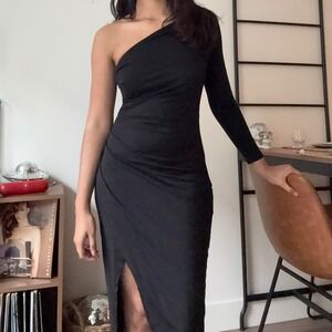 Black One Shoulder Long Sleeve Ruched Maxi Dress Slit